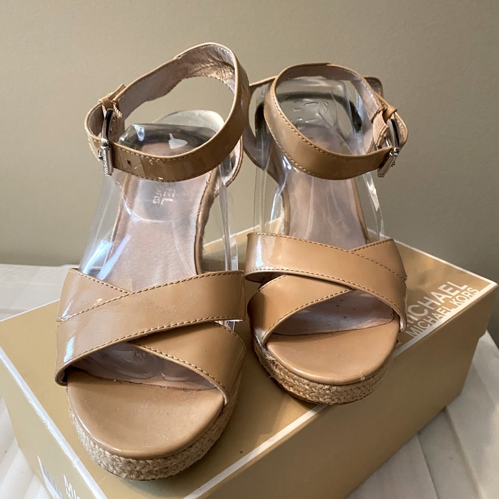 Michael Kors Monogrammed Wedge Platform Heel Ankle Strap Sandals